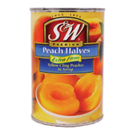 Canned S&W peach halves in syrup, showing glossy peach slices in a can for grocery shopping or recipe use.