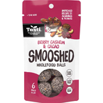 Tasti Smooshed Berry Cashew and Cacao confectionery snack with berries, cashews, and cacao in a close-up view.