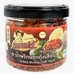 Khun Maeju Grill Shrimp Chilli Paste jar, spicy Thai seafood condiment with red chili and shrimp visible in the sauce