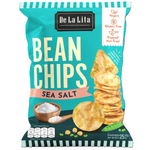 De La Lita Bean Chips in sea salt flavor, a crunchy snack with seasoned bean chips in a bright package.