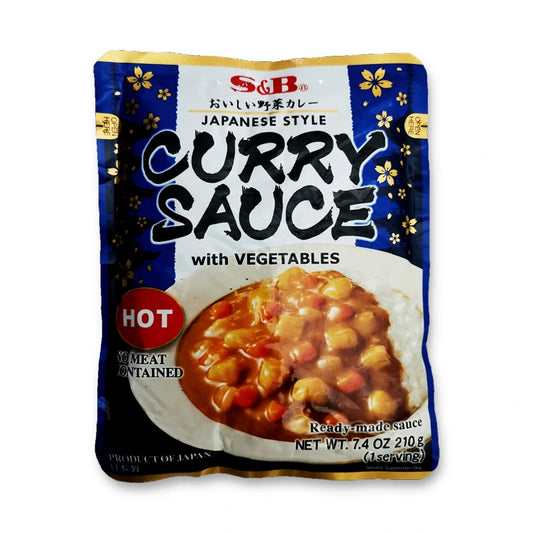 S&B Hot Curry Sauce 210g jar with vibrant label, showcasing the spicy curry sauce in a glass jar on a plain background.
