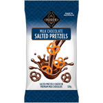 Hugos salted pretzels covered in smooth milk chocolate, a delicious confectionery snack with a crunchy and sweet flavor.