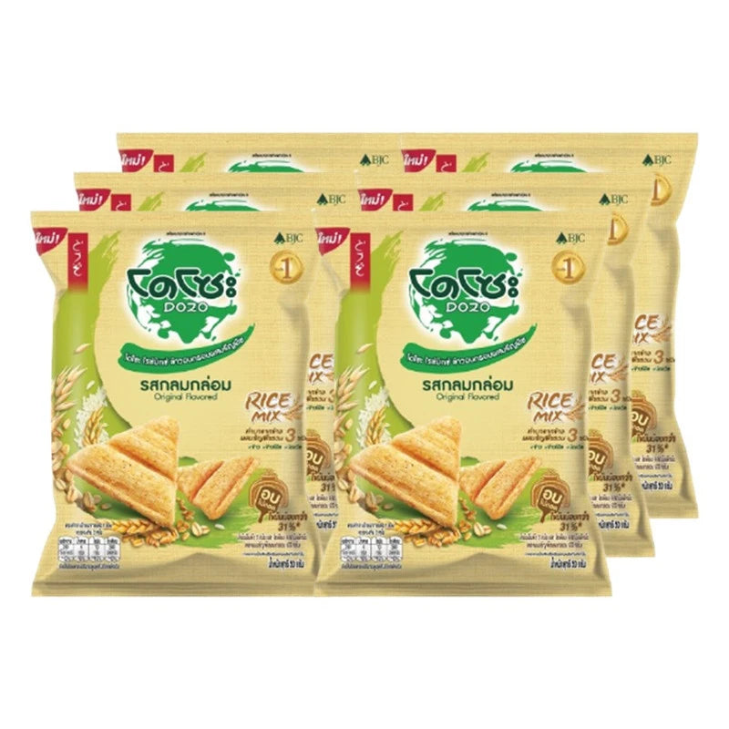 Crunchy DOZO Crispy Rice Snack with grains, balanced flavor, 50g pack, shown in a clear package with rice and grains visible inside.