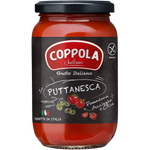 Jar of Coppola Puttanesca sauce with pasta and fresh herbs, highlighting the Italian grocery product in a clear glass jar.