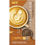 Ucc Hojicha Latte drink in a clear glass cup, featuring a light brown roasted tea color with frothy milk on top.