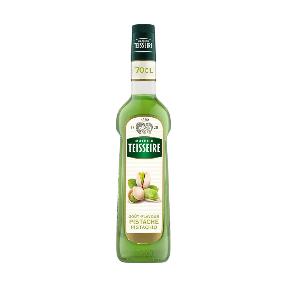Mathieu Teisseire Pistachio Syrup 700ml bottle, ideal for flavoring beverages and desserts in dry grocery products.