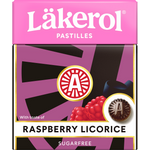 Lakerol Raspberry Licorice confectionery snack with red raspberry-flavored licorice pieces on a white background.