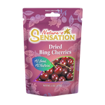 Dried Bing cherries from Nature's Sensation, packaged as a sweet confectionery snack, with vibrant red cherries in a clear bag.