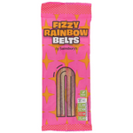 Colorful Sainsbury's Fizzy Rainbow Belts, chewy confectionery snacks with rainbow colors and fizzy texture.