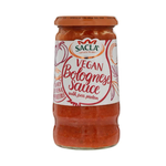 Sacla Vegan Bolognese sauce with pea protein in a jar, featuring a label and ingredients visible on the packaging.