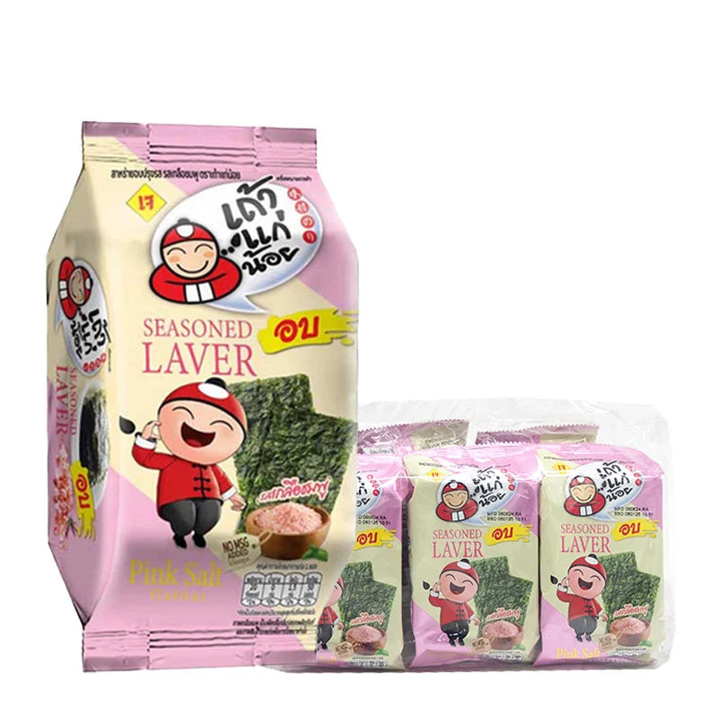 TAOKAENOI roasted seaweed with pink salt, 4g snack pack, featuring crispy seaweed sheets with pink salt seasoning.
