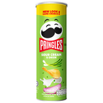 Pringles Sour Cream & Onion potato chips in a can, crispy snack with creamy and onion flavor, part of Pringles confectionery snacks.