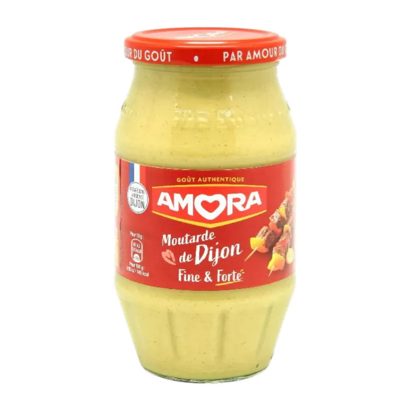 Amora Dijon mustard in a 430g jar, showing the smooth, creamy mustard with a golden yellow color.