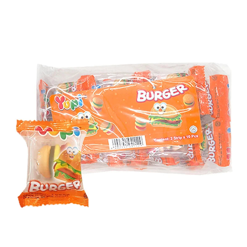 YUPI Jelly Mini Burger 7g, a pack of 20 colorful chewy jelly candies shaped like mini burgers.