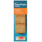 Sainsbury's Free From Custard Creams confectionery snacks in a colorful package with creamy custard-filled biscuits.