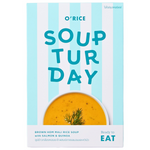 O'Rice Soupturday Hom Mali Soup in a bowl, showcasing rich, golden soup with grains and vegetables, grocery product image