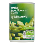 Sainsbury's Tender Broad Beans in water in a can, showing the label and product inside