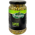 Canned Fragata Capers in brine, small green pickled capers packed in a jar, for culinary use and flavor enhancement.