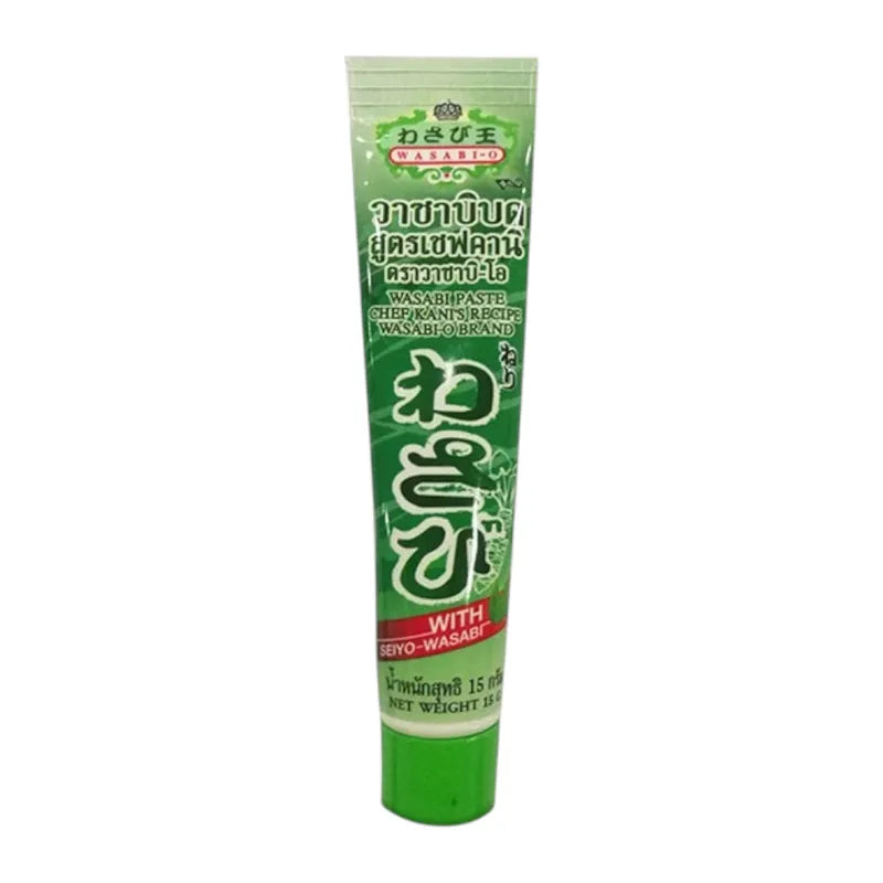Wasabi-O Wasabi Paste 15g jar showing bright green wasabi paste in a clear container with a black lid.