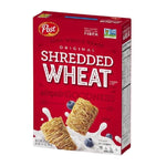 Post Shredded Wheat cereal in 464g box, dry grocery product, showing a close-up of the shredded wheat flakes in the box.