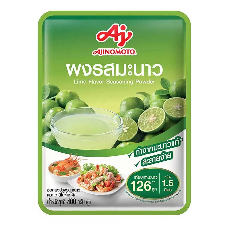 AJINOMOTO Lime Seasoning Powder 400g jar with bright green label and lime illustrations, showcasing the seasoning powder inside