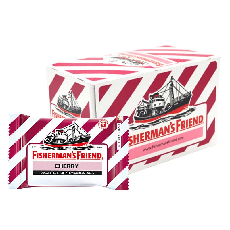Fisherman's Friend Sugar Free Cherry Lozenges in a pack of 24 sachets, showing the cherry-flavored lozenge packaging.
