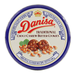 Danisa Cashew Butter Cookies on a plate, showcasing golden-brown confectionery snacks with cashew pieces, in a close-up view.