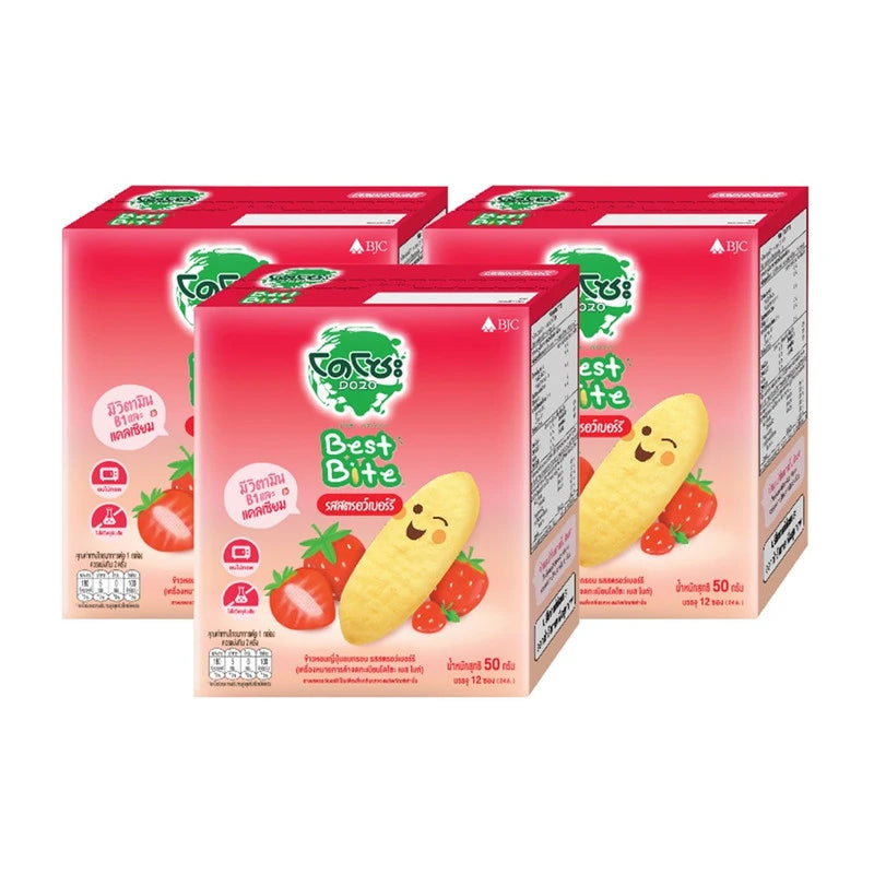 DOZO Best Bite crispy Japanese rice snack with strawberry flavor, 50g pack, shown in the image.