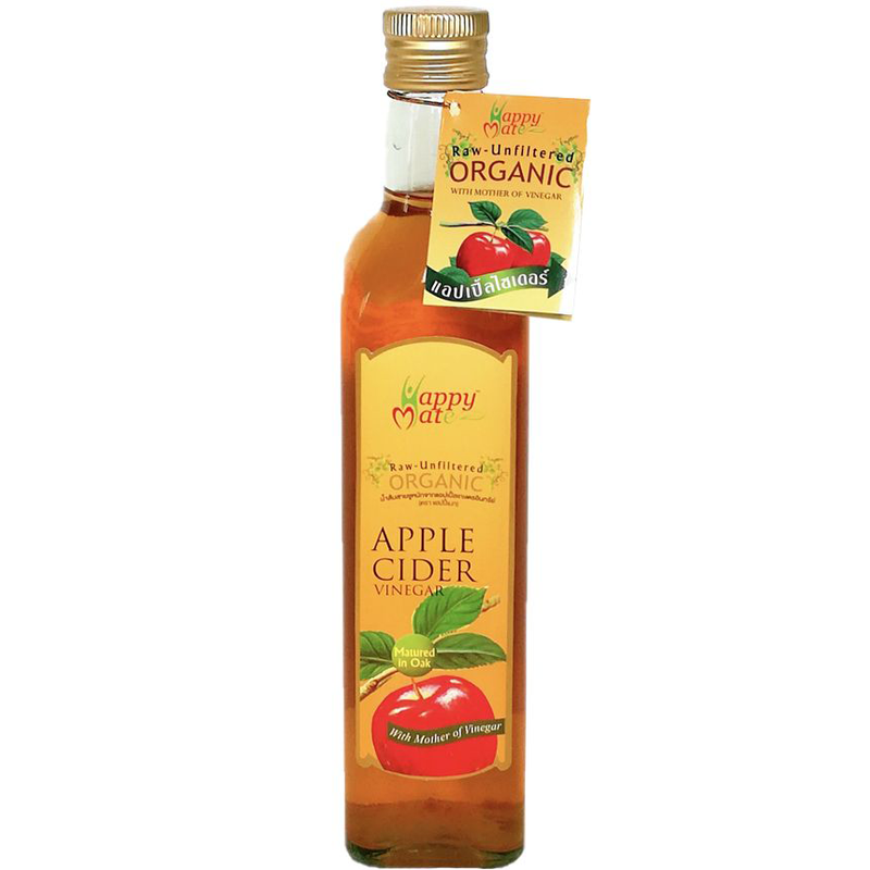 Organic apple cider vinegar bottle from Happy Mate, showcasing a clear glass container with a natural, healthy product inside.