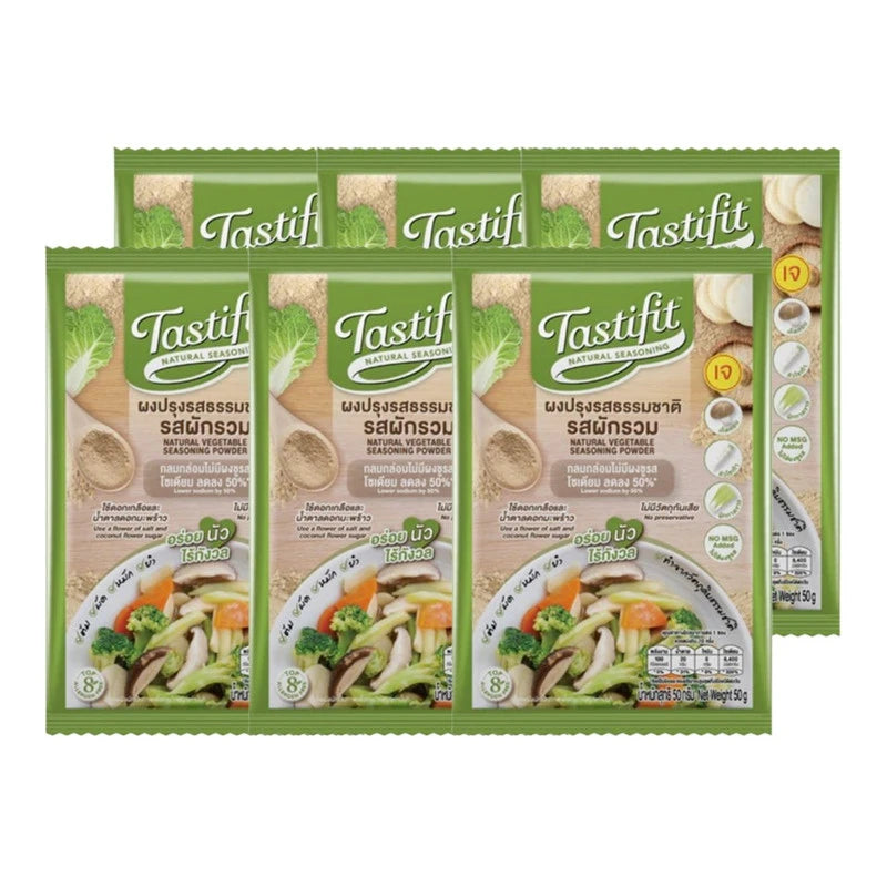 TASTIFIT natural vegetable flavor seasoning powder in a 50g sachet, sodium reduced with no MSG, displayed in six sachets.