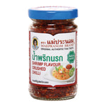 Mae Pranom Narok Chili Paste in a jar, showcasing vibrant red chili paste with spices, for use in Thai cooking and groceries.