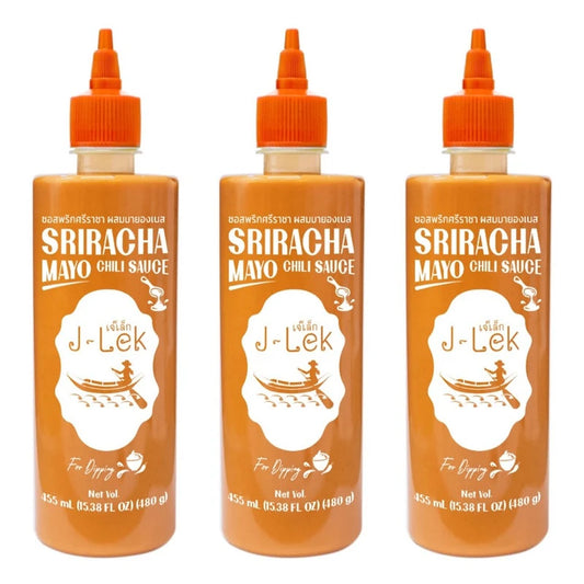 J-LEK Sriracha Chili Sauce with Mayonnaise, 490g bottles, creamy spicy condiment in a pack of three.