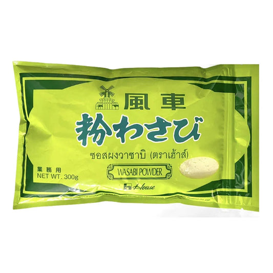 HOUSE Wasabi Powder 300g jar, bright green spice with a smooth texture, used for Japanese cuisine and sushi dishes.