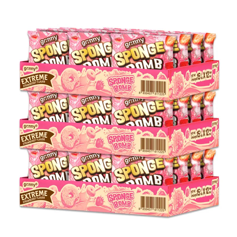 Grinny Sponge Bomb Snack Extreme Strawberry flavor, 15g pack, 12 pieces per box, colorful sponge-shaped candy on a white background.