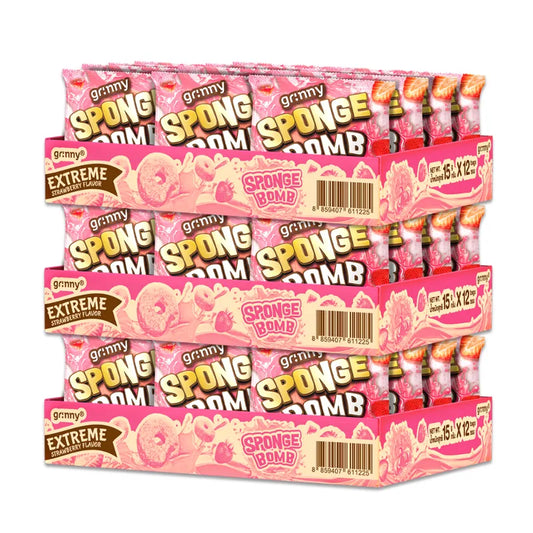 Grinny Sponge Bomb Snack Extreme Strawberry flavor, 15g pack, 12 pieces per box, colorful sponge-shaped candy on a white background.
