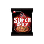Nongshim Shin Ramyun Red Super Spicy instant ramen noodles in a bowl with broth and garnishes, showcasing the dry grocery product.