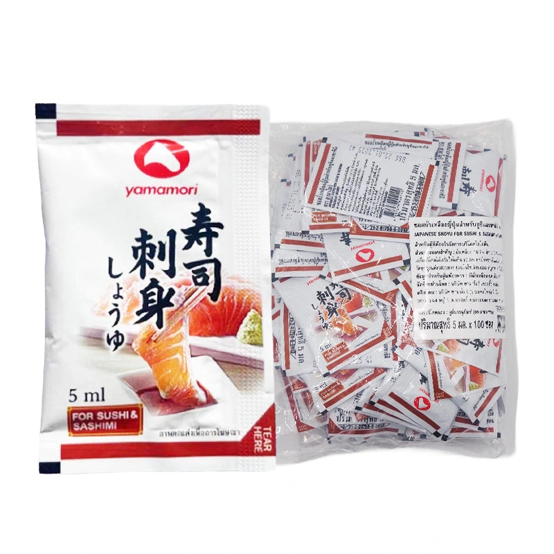 YAMAMORI Sashimi Shoyu Soy Sauce 5ml bottles, 100-pack, traditional Japanese soy sauce for sashimi and sushi.