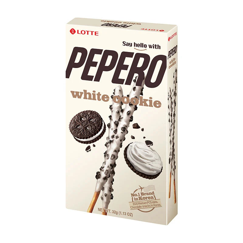 LOTTE Pepero White Cookie snack sticks with white chocolate and cookie pieces in a 32g package.