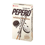 Lotte Pepero White Cookie snack sticks, 32g, with white chocolate coating and cookie crunch, in a packaging image.