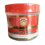 Mar Supen Shrimp Paste (Kapi) in a jar, used in cooking, with a close-up view of the product label and paste inside.