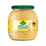 Kuhne Barrel Sauerkraut 810g jar, traditional German-style fermented cabbage in a glass container, for use in cooking and salads