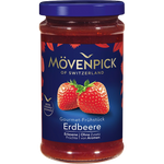 Movenpick Gourmet Breakfast Strawberry jar with fresh strawberries and creamy spread on a white plate, ideal for breakfast.