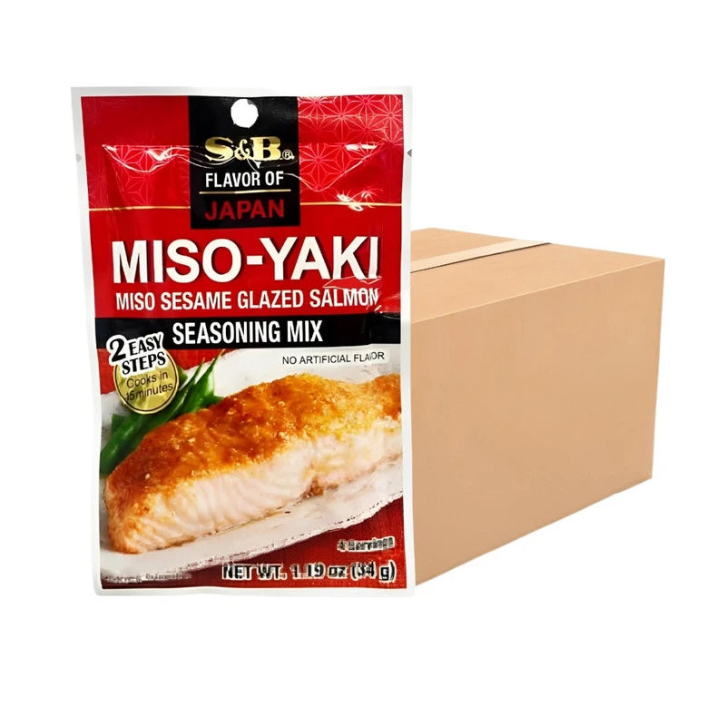 S & B Miso-Yaki seasoning mix in 15 sachets, made in Japan, with a close-up of the packaging showing the product details.