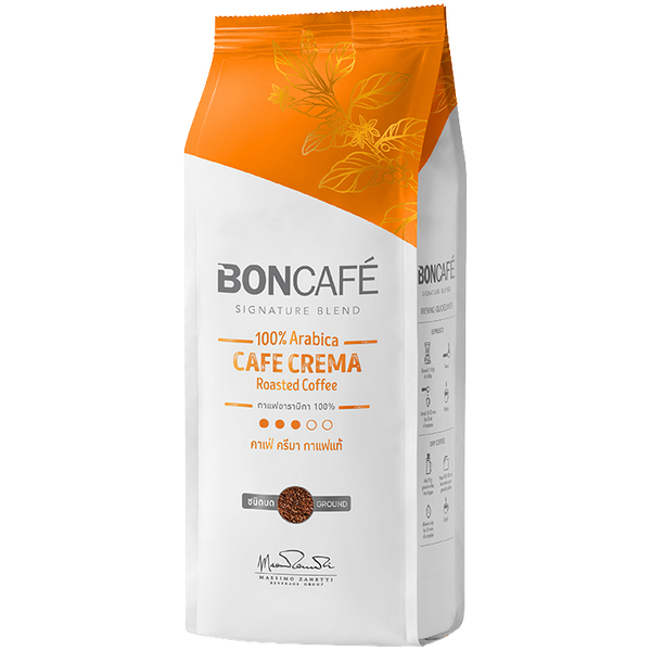 Boncafe Cafe Crema roasted coffee drink in a glass mug, showcasing rich coffee with a creamy froth on top.