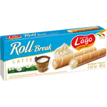 Lago Roll Break Milk confectionery snack with milk-flavored rolled wafer biscuit on a white background.