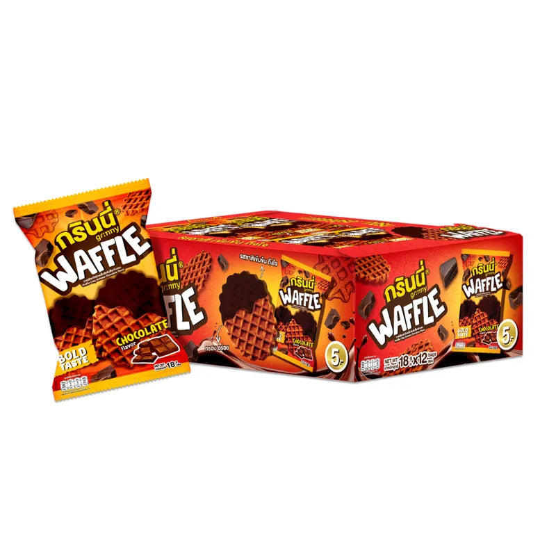 GRINNY Waffle Crisp Extreme Chocolate flavor 18g packs, showing individual crispy chocolate waffles in a 12-pack.