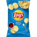 Lay's Salt & Vinegar potato chips in a bag, showing the crispy chips and flavor details on the packaging.