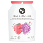 Sunsu Juicy Jelly Grape and Strawberry confectionery snacks with colorful, fruity jelly pieces in a clear package.