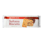 Khong Guan Sultana Biscuits in a clear package, showing golden sultana-filled confectionery snacks with crispy texture