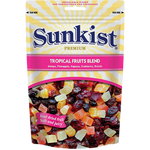Sunkist Tropical Fruits Blend confectionery snacks featuring colorful tropical fruit candies in a clear package.
